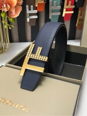 Tom Ford Navy Pebbled Leather Belt with Gold Pyramid-Stud TF Buckle
